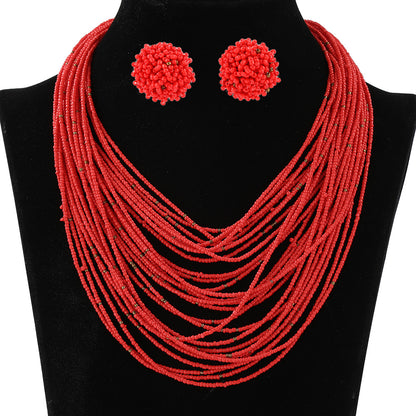Conjunto de collar y pendientes con cuentas de arroz multicapa estilo bohemio para mujer