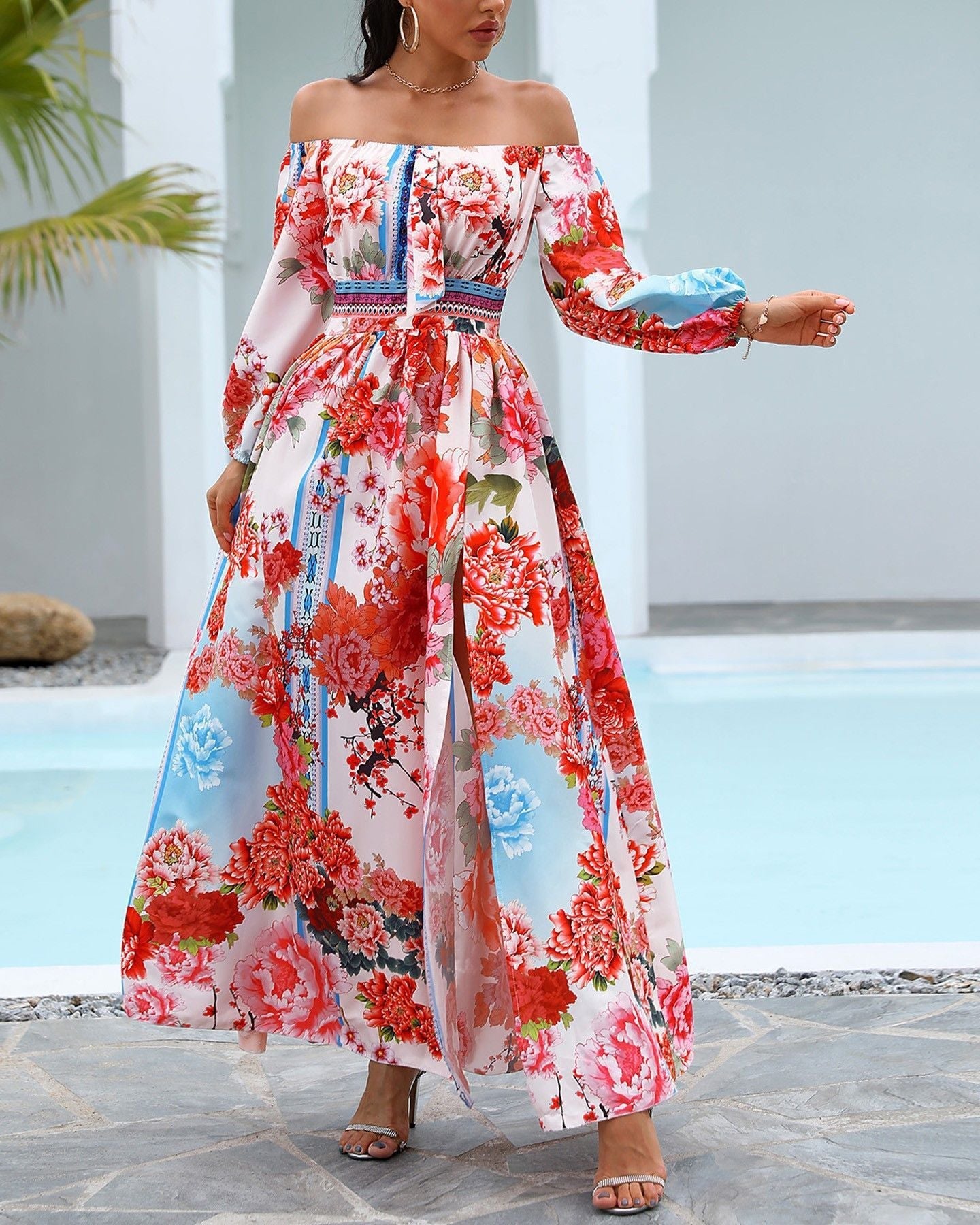 Women Fashion Boho Style Floral Printed Off-Shoulder Maxi Dress