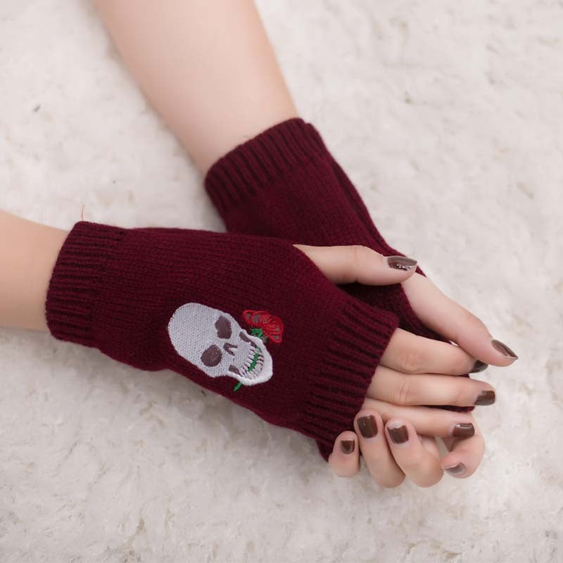 Halloween Autumn Winter Wool Embroidered Skull Gloves