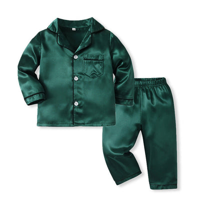 Kids Toddler Boys Solid Color Satin Long Sleeve Pajamas Set