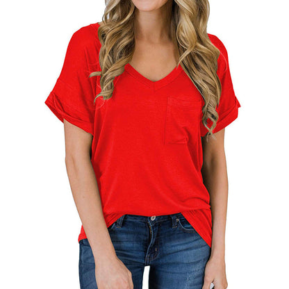 Camiseta lisa de manga corta con cuello en V para mujer