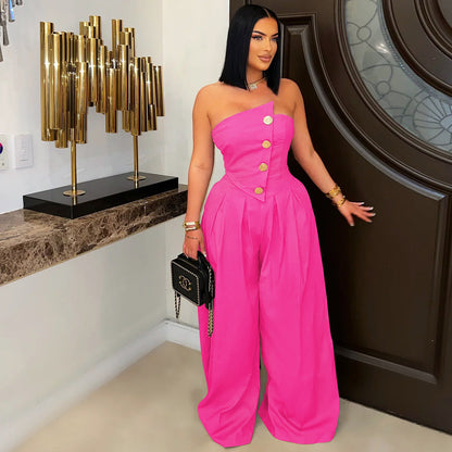 Women Fashion Solid Color Strapless Jumpsuits