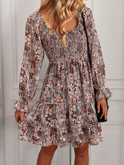 Women's Fashion Boho Style Floral Printing U-Neck Ruffled Dress