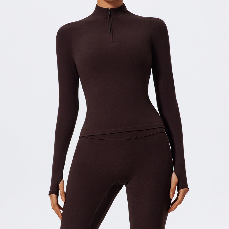 Haut de yoga à manches longues et demi-fermeture éclair pour femme, couleur unie, avec élasthanne