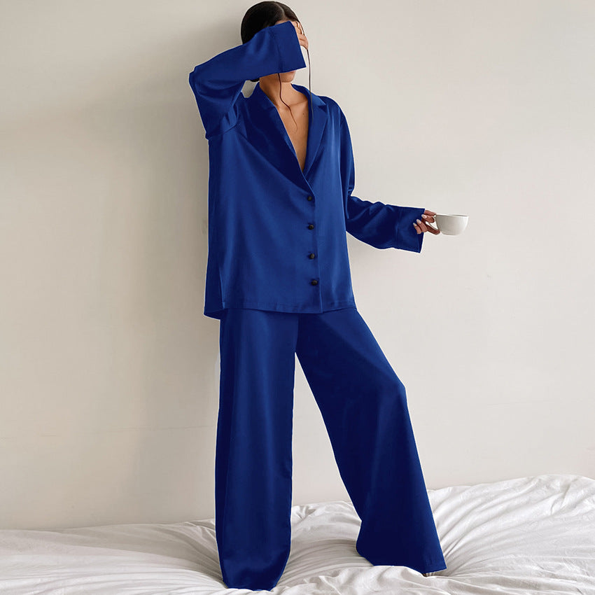 Women's Long-Sleeved Solid Satin Two-Piece Pajamas