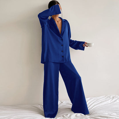 Women's Long-Sleeved Solid Satin Two-Piece Pajamas