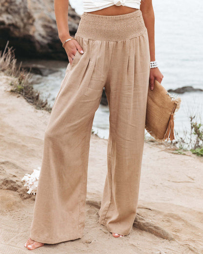 Pantalones anchos de lino y algodón para mujer con bolsillos
