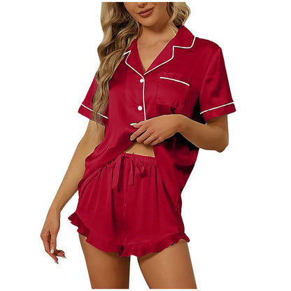 Women Fashion Casual Silk Satin Short-Sleeved Pajamas Set
