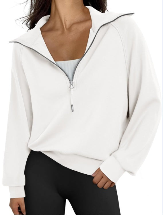 Women Half Zipper Fleece-Lined Solid Color Sweatshirt