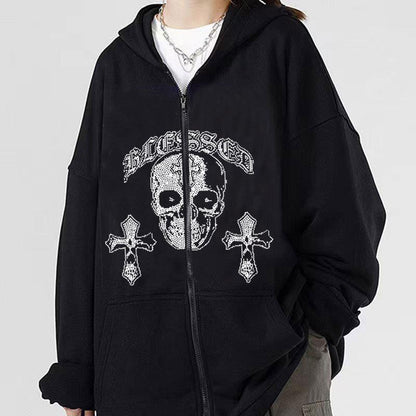 Cardigan sweat-shirt zippé gothique à motif tête de mort pour femme