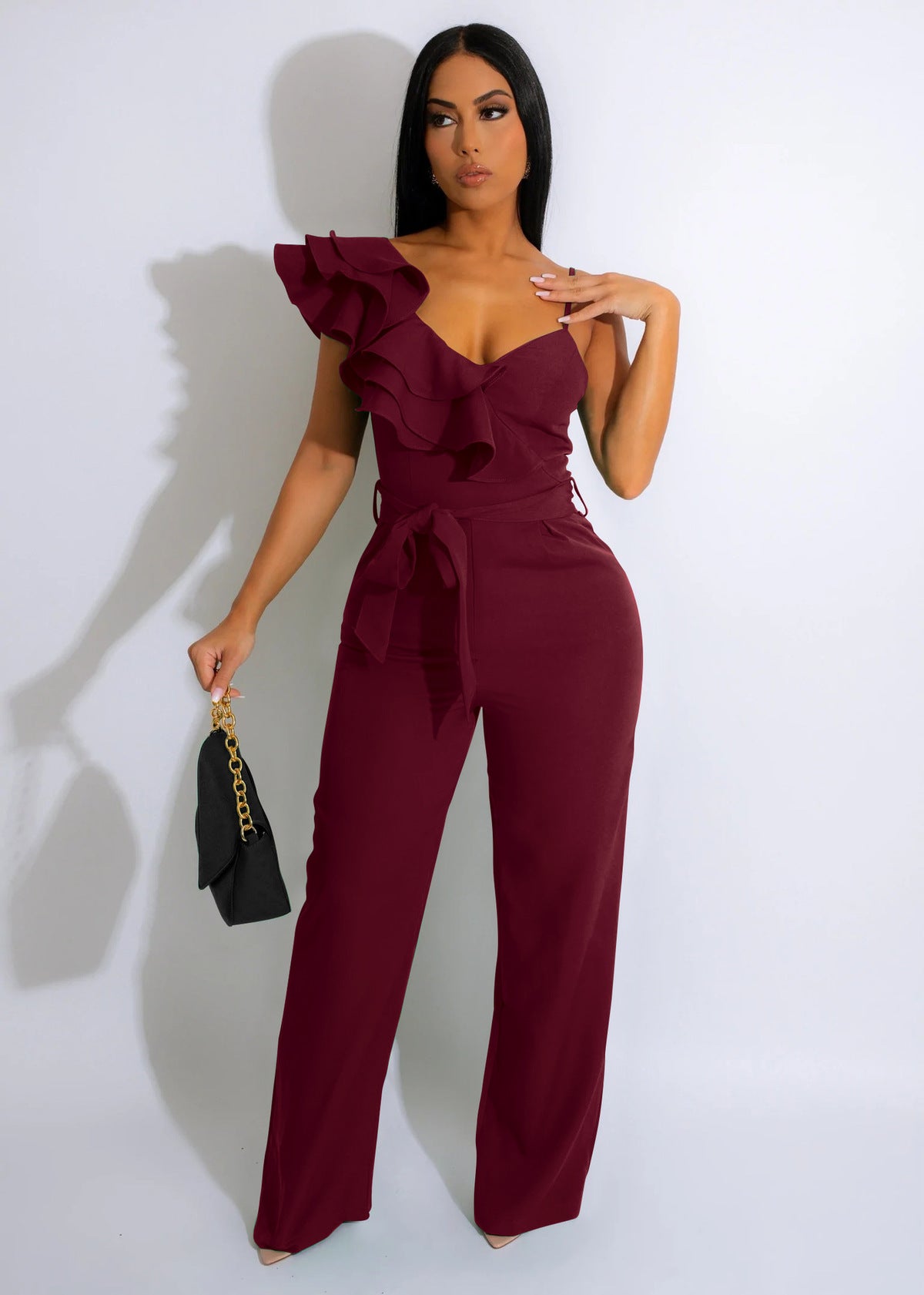 Women Fashion Solid Color V-Neck Ruffled Jumpsuits