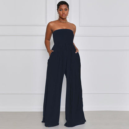 Women Fashion Casual Solid Color Chiffon Sleeveless Wide Leg Jumpsuit