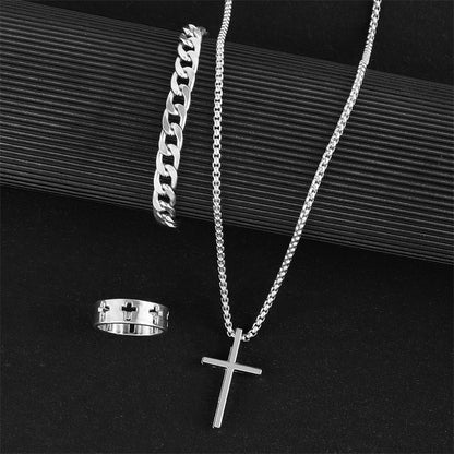 Conjunto de collar, pulsera y anillo con cruz de hip hop de moda