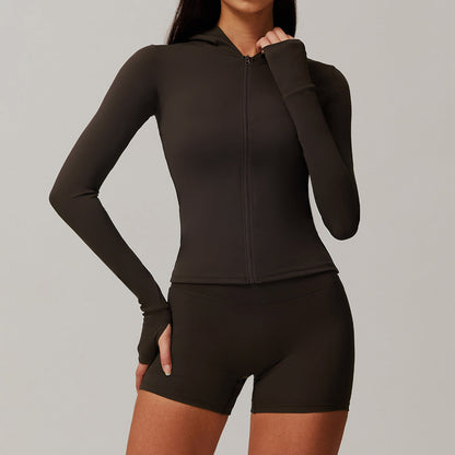Sweat à capuche décontracté à manches longues et fermeture éclair pour femme, couleur unie, idéal pour le yoga