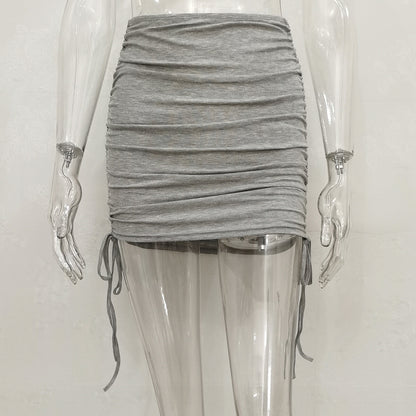 Women Fashion Solid Color Drawstring Pleated Skirt