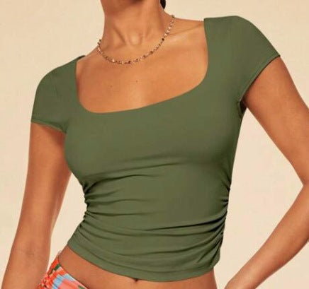 Women Fashion Sexy Solid Color Short-Sleeved Slim-Fit Crop Top
