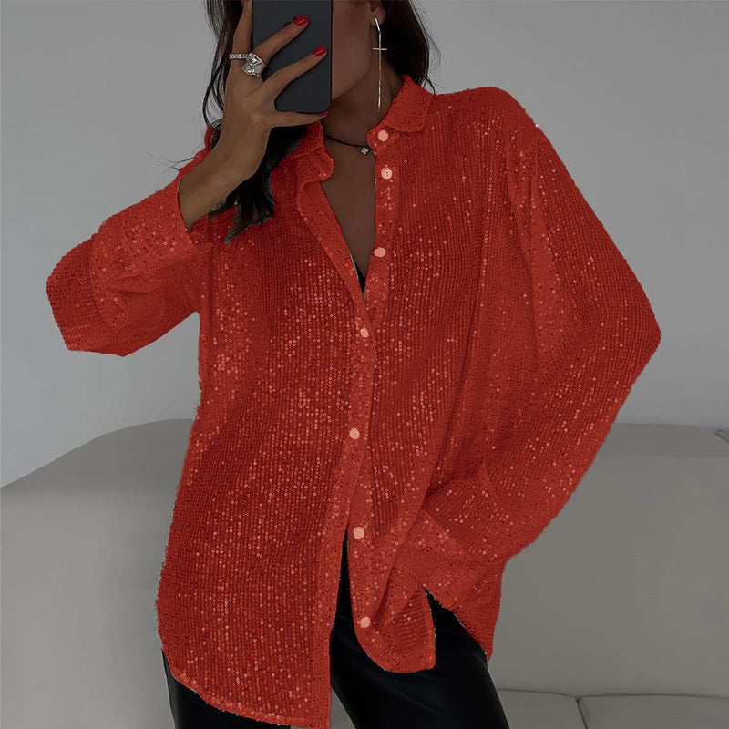 Women Fashion Casual Solid Color Sequins Long Sleeve Blouse