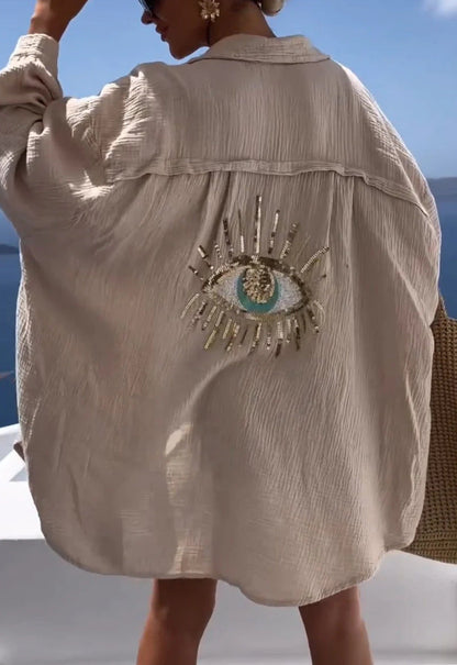 Camisa informal de verano para mujer con estampado de mal de ojo en la espalda