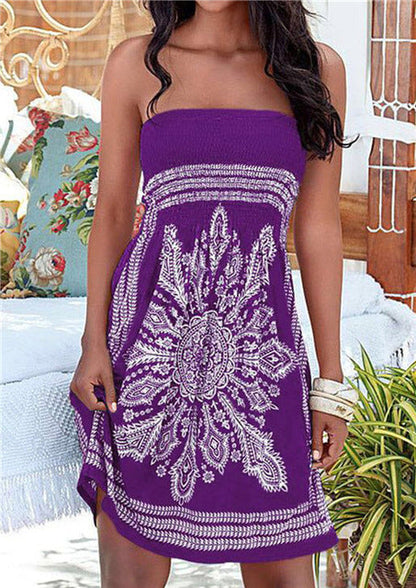 Women Casual Vintage Strapless Summer Loose High Waist Bohemian Beach Dress