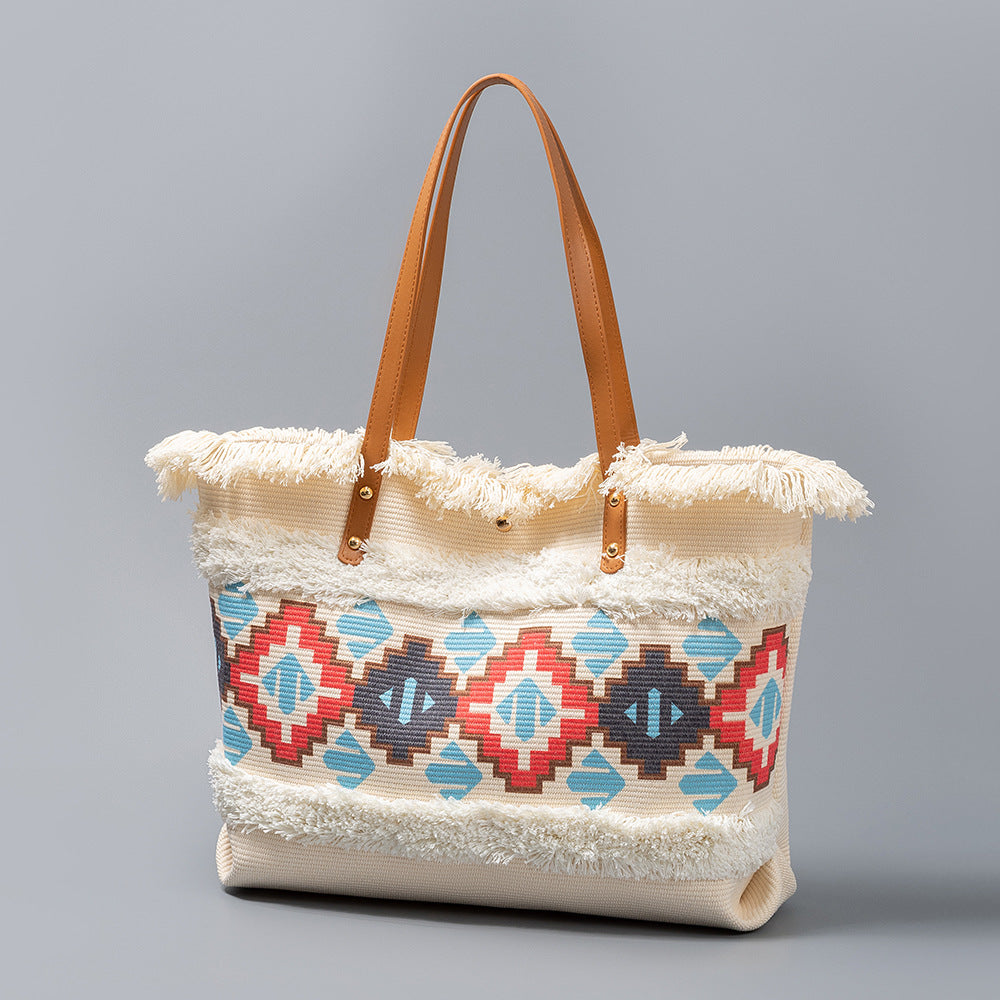 Bolso tote de lona con borlas de gran capacidad estilo bohemio