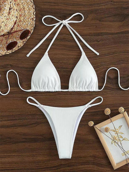 Maillot de bain bikini dos nu sexy et simple de couleur unie pour femmes