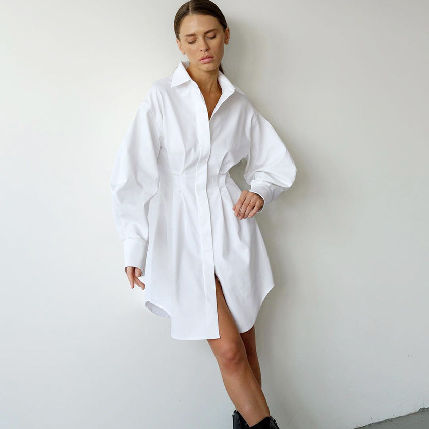 Robe chemise élégante à manches longues et couleur unie pour femme