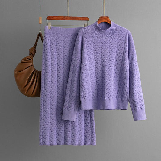 Women Casual Solid Color Knitted Sweater and Skirt Set