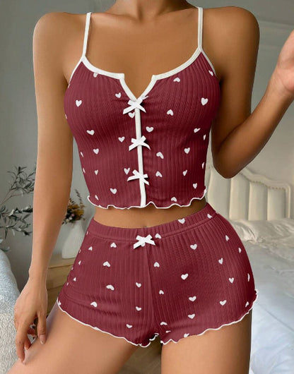 Women Fashion Sexy Printed Bowknot Camisole Shorts Set