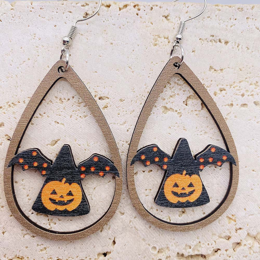 Halloween Women Funny Pumpkin Wizard Wooden Earrings