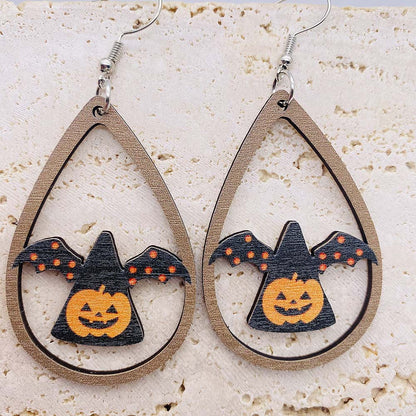 Halloween Women Funny Pumpkin Wizard Wooden Earrings