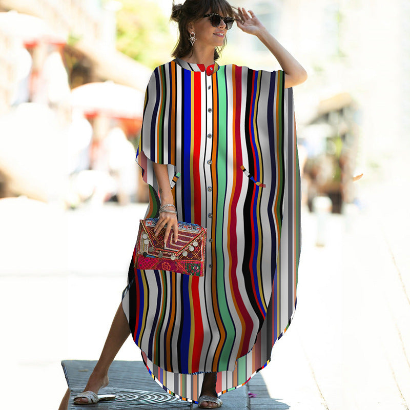 Women Fashion Summer Vacation Boho Style Leopard V Neck Loose Maxi Dress