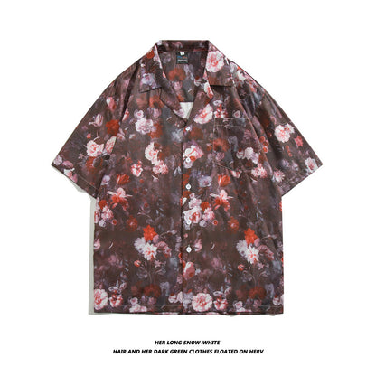 Men Casual Vintage Vacation Hawaii Tiny Flower Print Short Sleeve Lapel Shirt