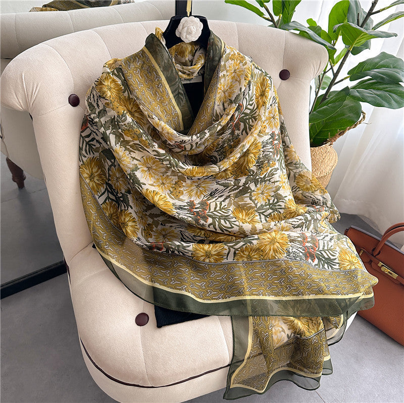 Summer Women Fashion Geometric Leaves Printed Silk Scarf