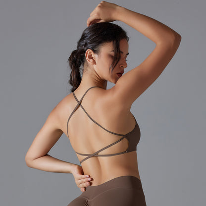 Soutien-gorge de sport sexy sans coutures pour femmes, couleur unie, croisé, dos nu, pour le yoga