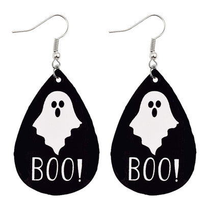Halloween Women Horror Funny Pumpkin Ghost Bat PU Earrings