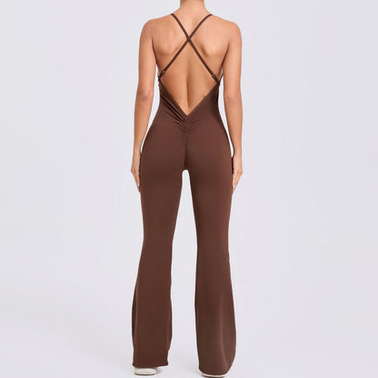 Adjustable Shoulder Strap Flared Yoga Jumpsuits for Women Cotton Blend