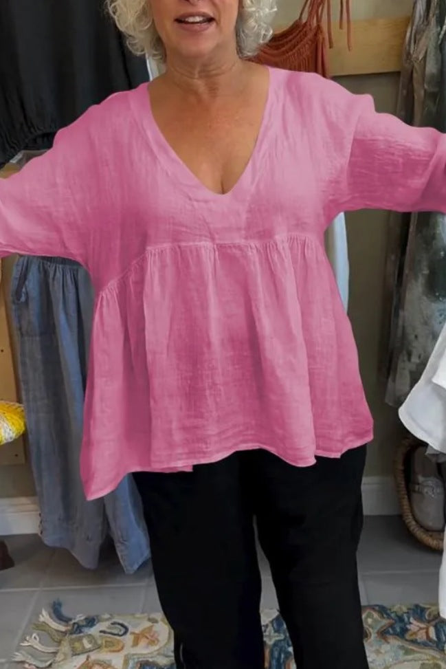 Women Casual Solid Cotton Linen V-Neck Blouse