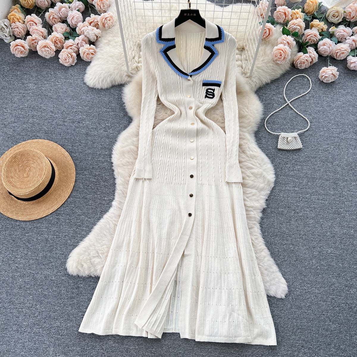 Women Fashion Elegant Contrast Color Knitted Dress