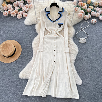 Women Fashion Elegant Contrast Color Knitted Dress