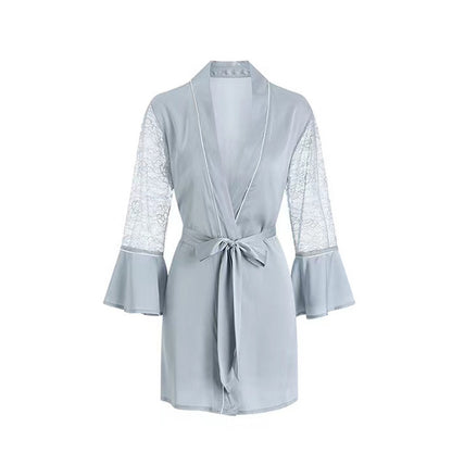 Elegant Lace Splicing V-Neck Long-Sleeve Dress Pajamas