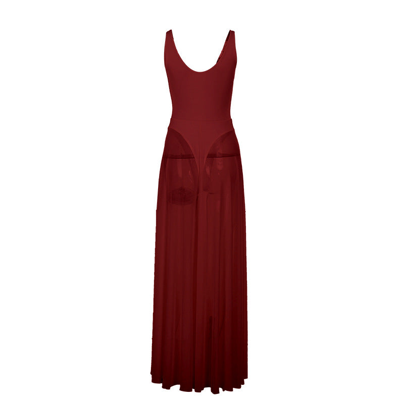 Women Elegant Mesh V-Neck Sleeveless Dress Polyester Slim Fit