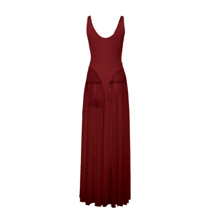 Women Elegant Mesh V-Neck Sleeveless Dress Polyester Slim Fit