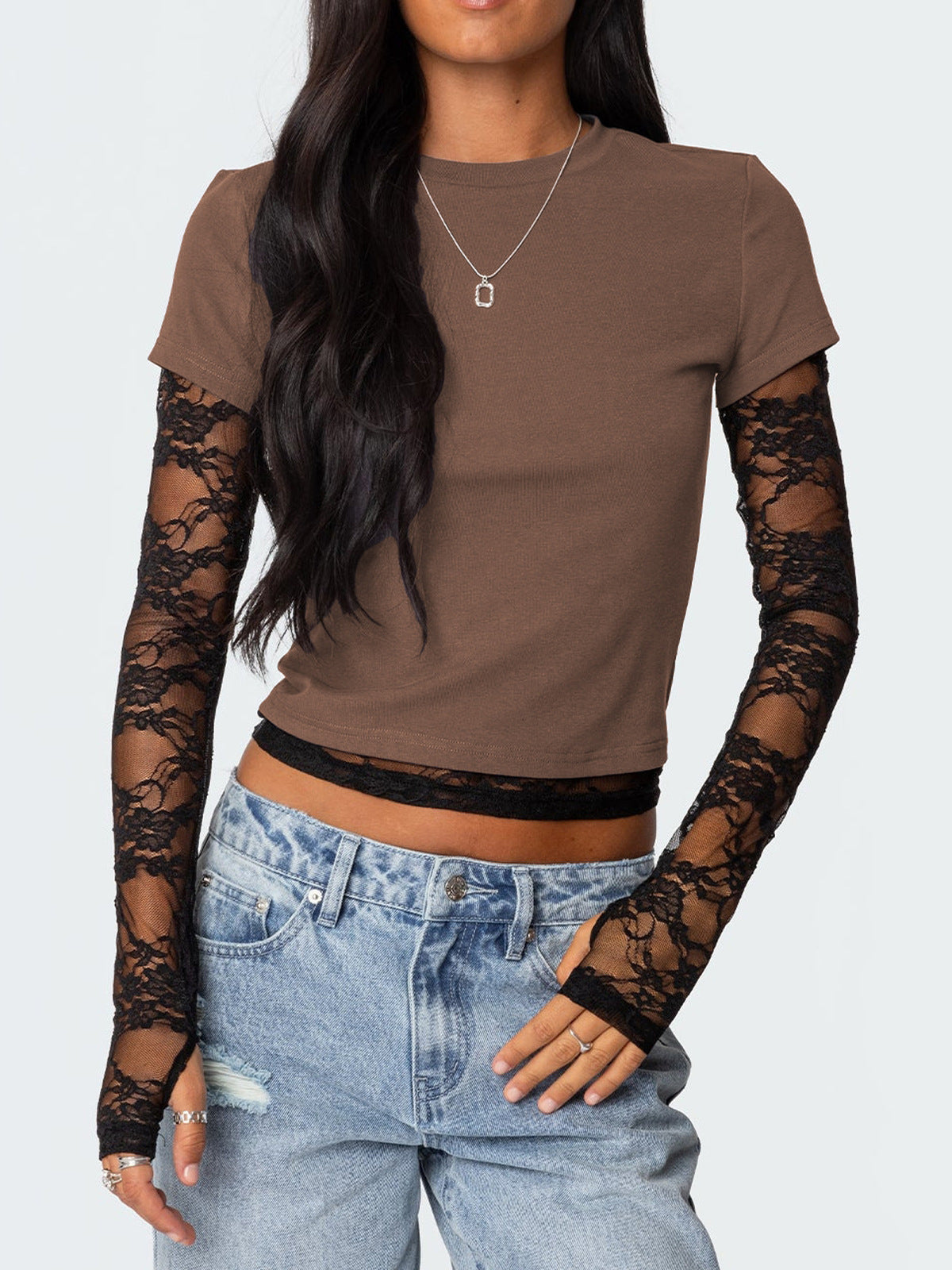 Women Y2k Lace Stitching Long Sleeve T-Shirt