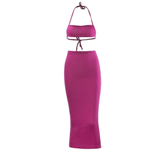 Women Fashion Waffle Crop Top and High Waist Skirt Set