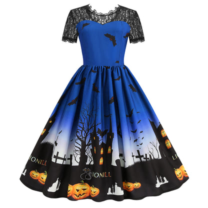 Robe en dentelle décontractée à imprimé citrouille d'Halloween pour femme