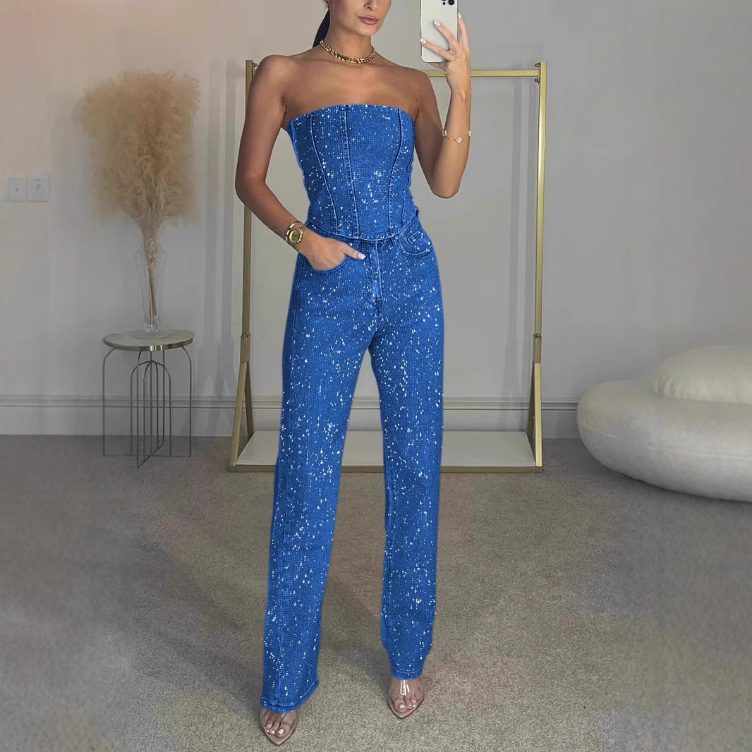 Women Fashion Sexy Solid Color Rhinestone Tube Top Set