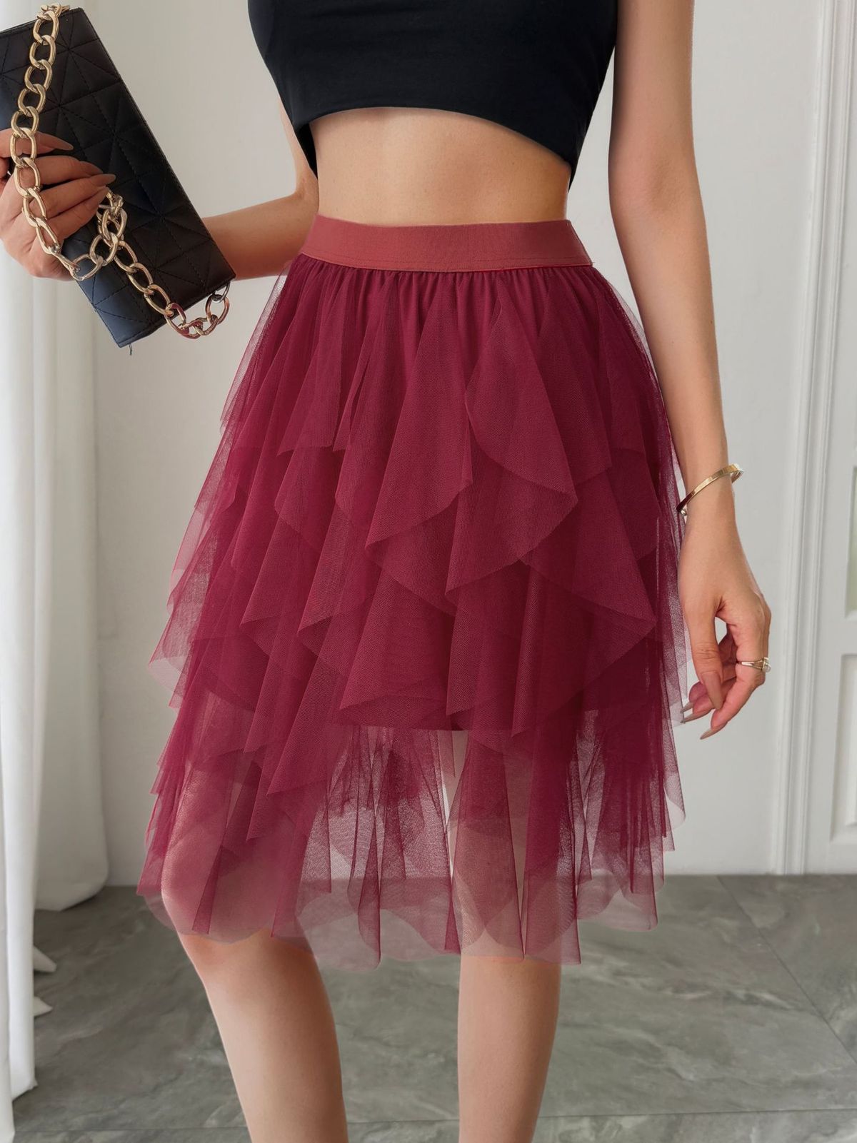 Women Fashion Solid Color Mesh Irregular Hem Skirt