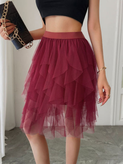 Women Fashion Solid Color Mesh Irregular Hem Skirt