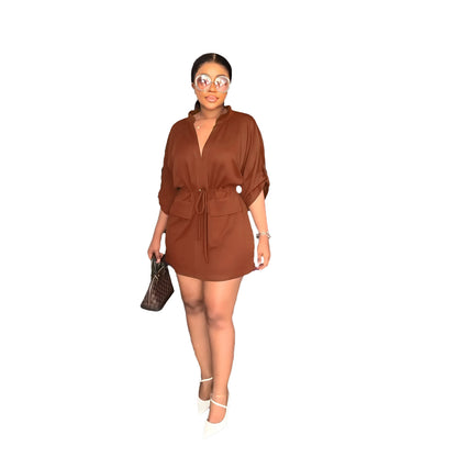 Women Fashion Casual Solid Color V-Neck Dress