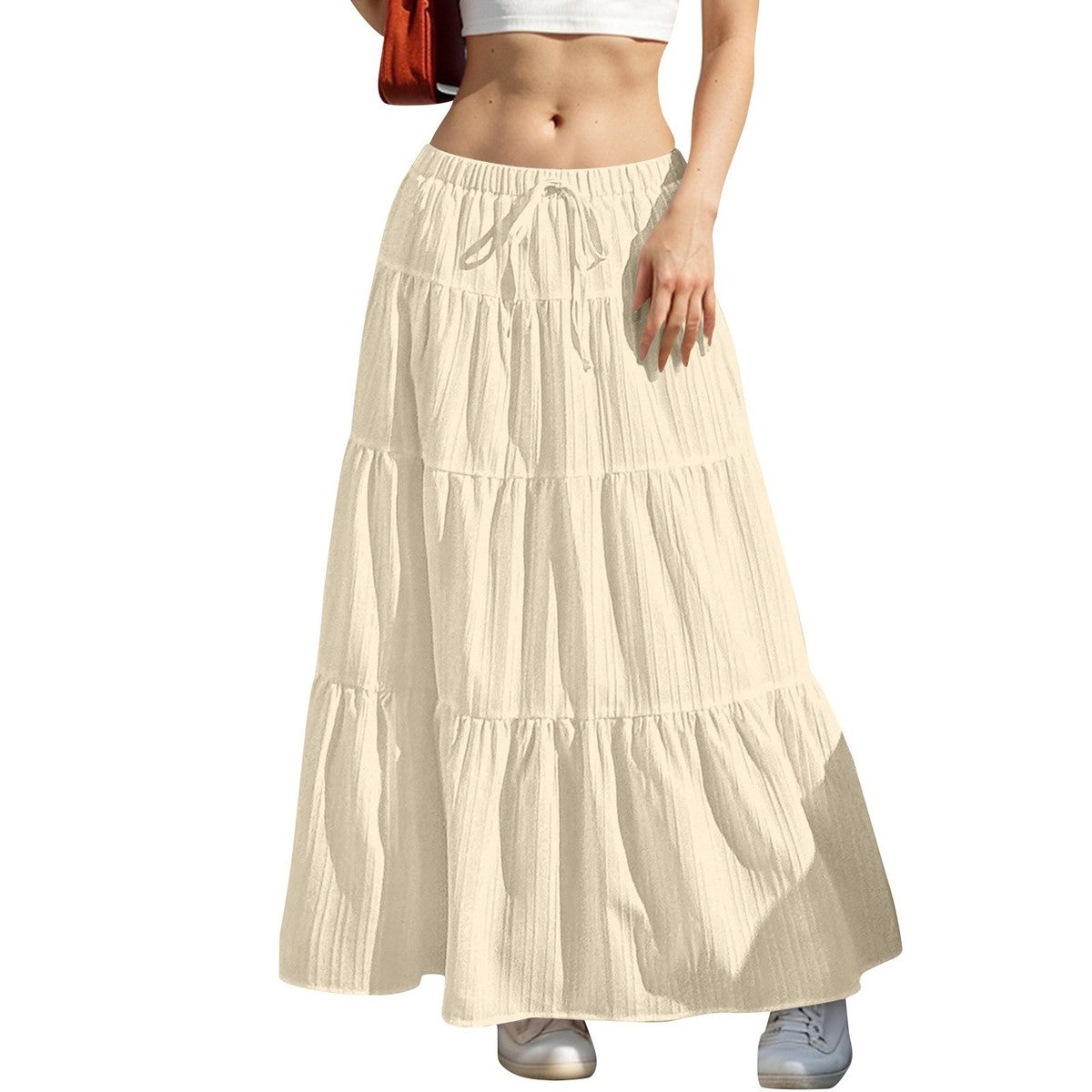 Women Casual Solid Color Drawstring Maxi Skirt with Splice Design
